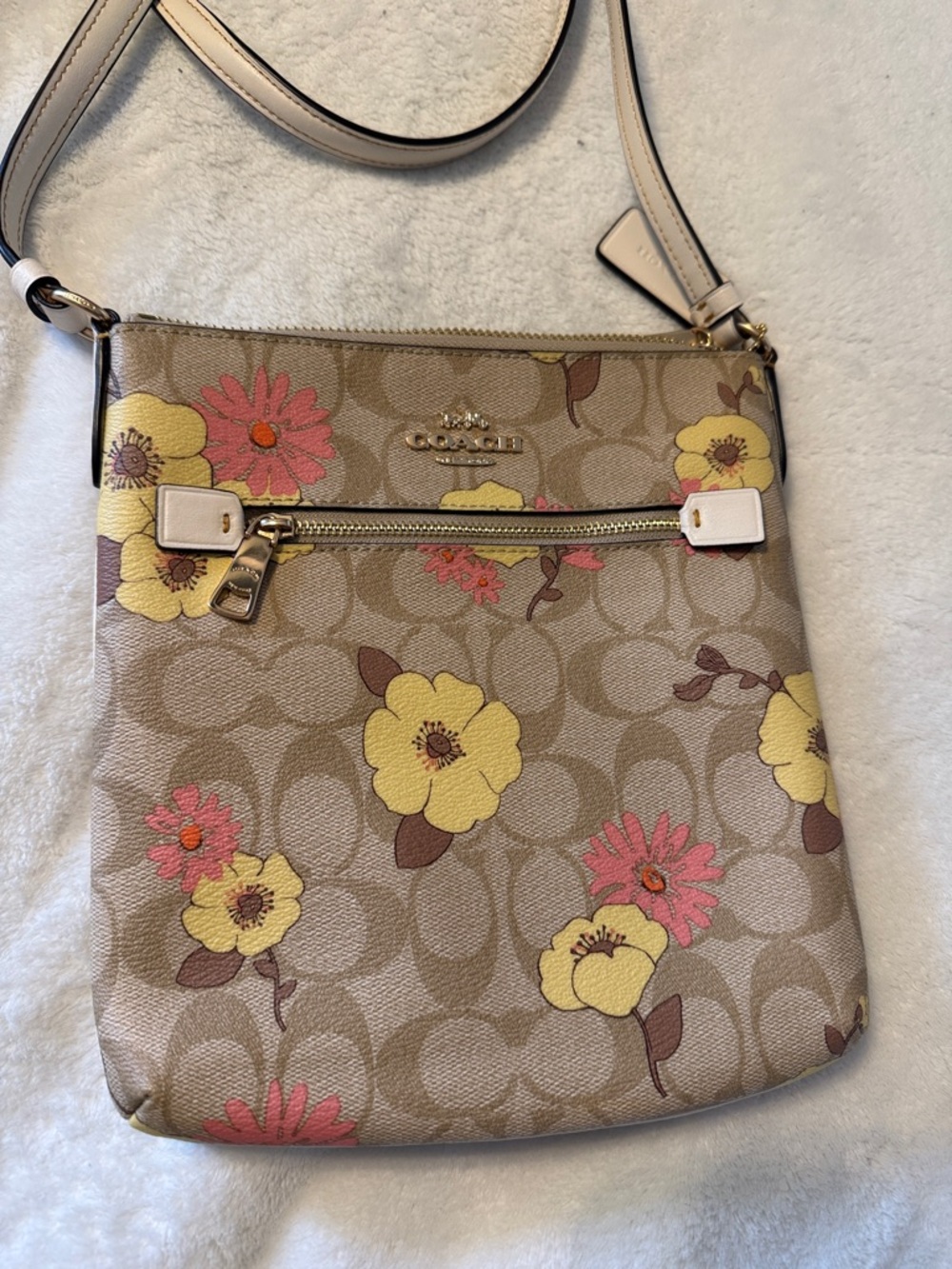 Coach Beige Floral Signature Crossbody with Yellow and Pink Flowers